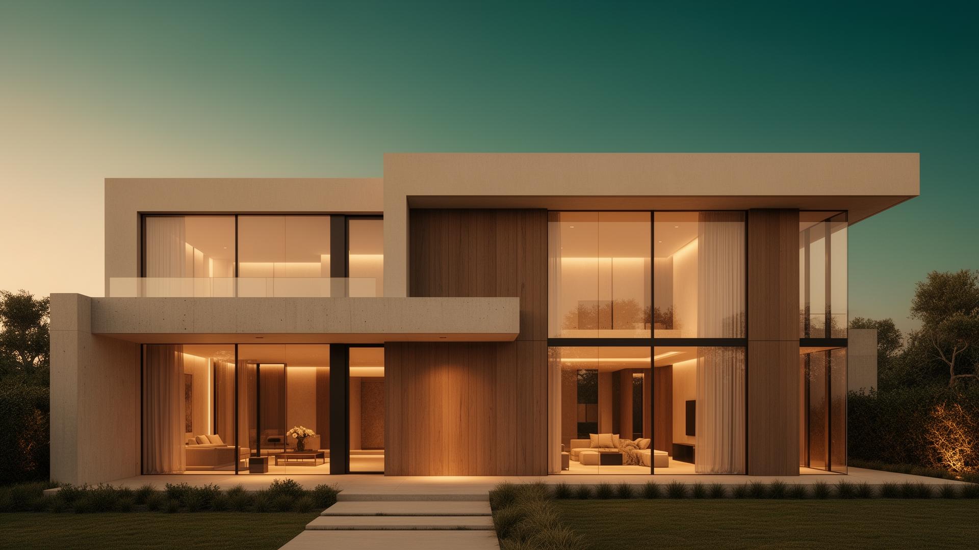 Casa contemporânea de fachada serena, com integração entre concreto, madeira e amplos vãos de vidro iluminados ao final do dia